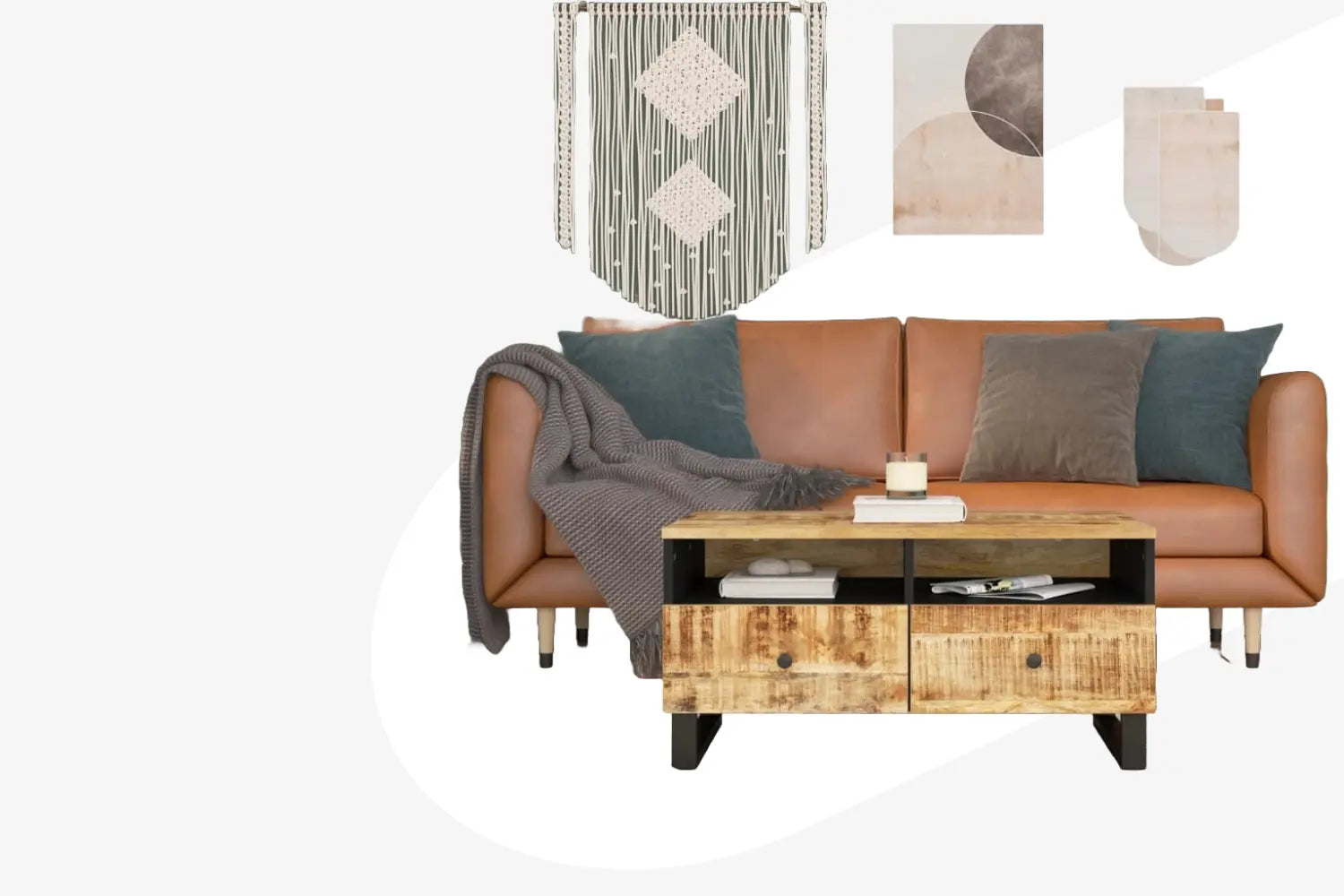 moderne woonkamer met een bruine leren bank, grijze kussens en een houten salontafel.
